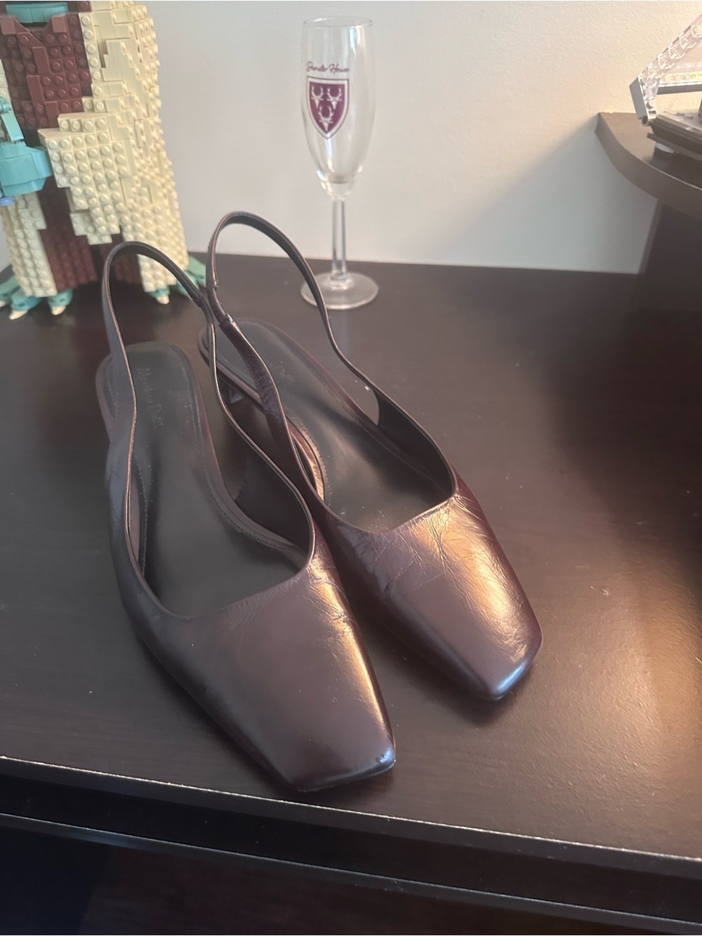 Massimo Dutti Dark Brown Square-Toe Slingback Heels Maroon. One once.